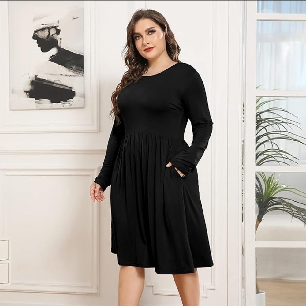 NWT Poseshe Long Sleeve Crew Neck Flowy Empire Waist Black Dress
